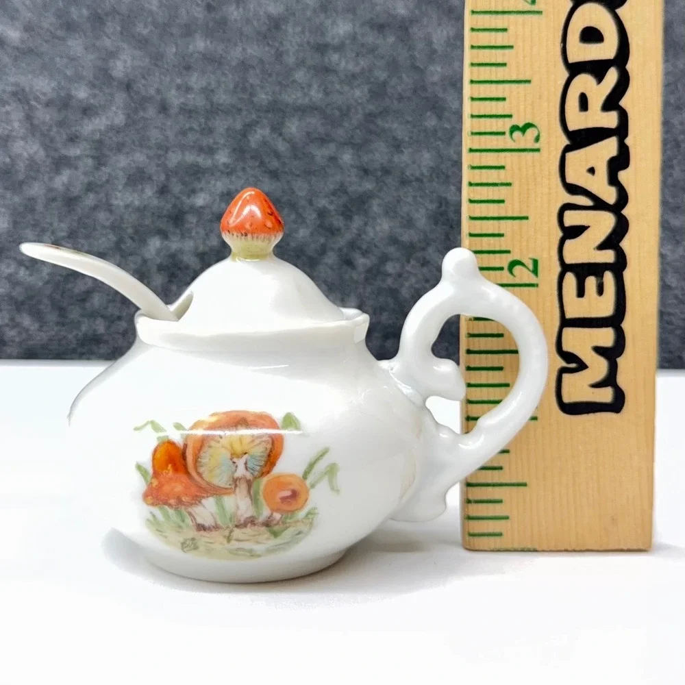 L Lancaster Hand Painted Mushroom Porcelain Jam Pot with Lid and‎ Spoon Vintage